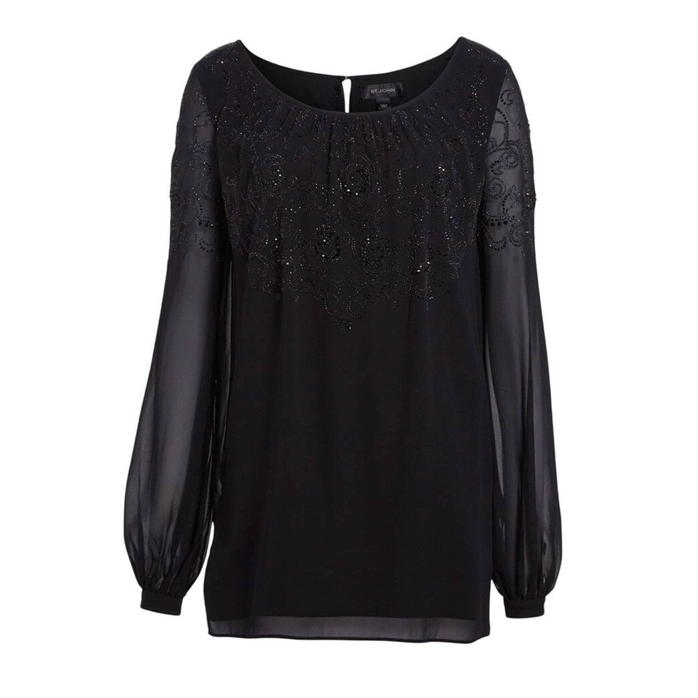 St. John Collection Black 100% Silk Beaded Chiffon Blouse Sheer Scoop Neck Sz 2